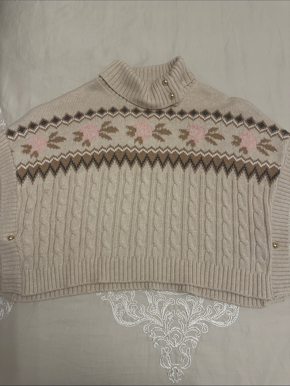 Janie and Jack Cream Cable-Knit Poncho with Pink Floral Yoke
